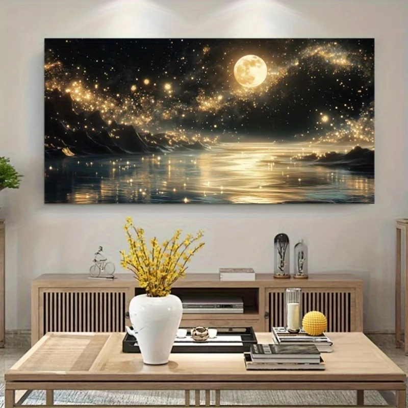 Frameless, Modern Abstract Moonlight Landscape Painting, Tranquil Lake And Stars Wall Art, Canvas Poster for Living Room, Bedroo