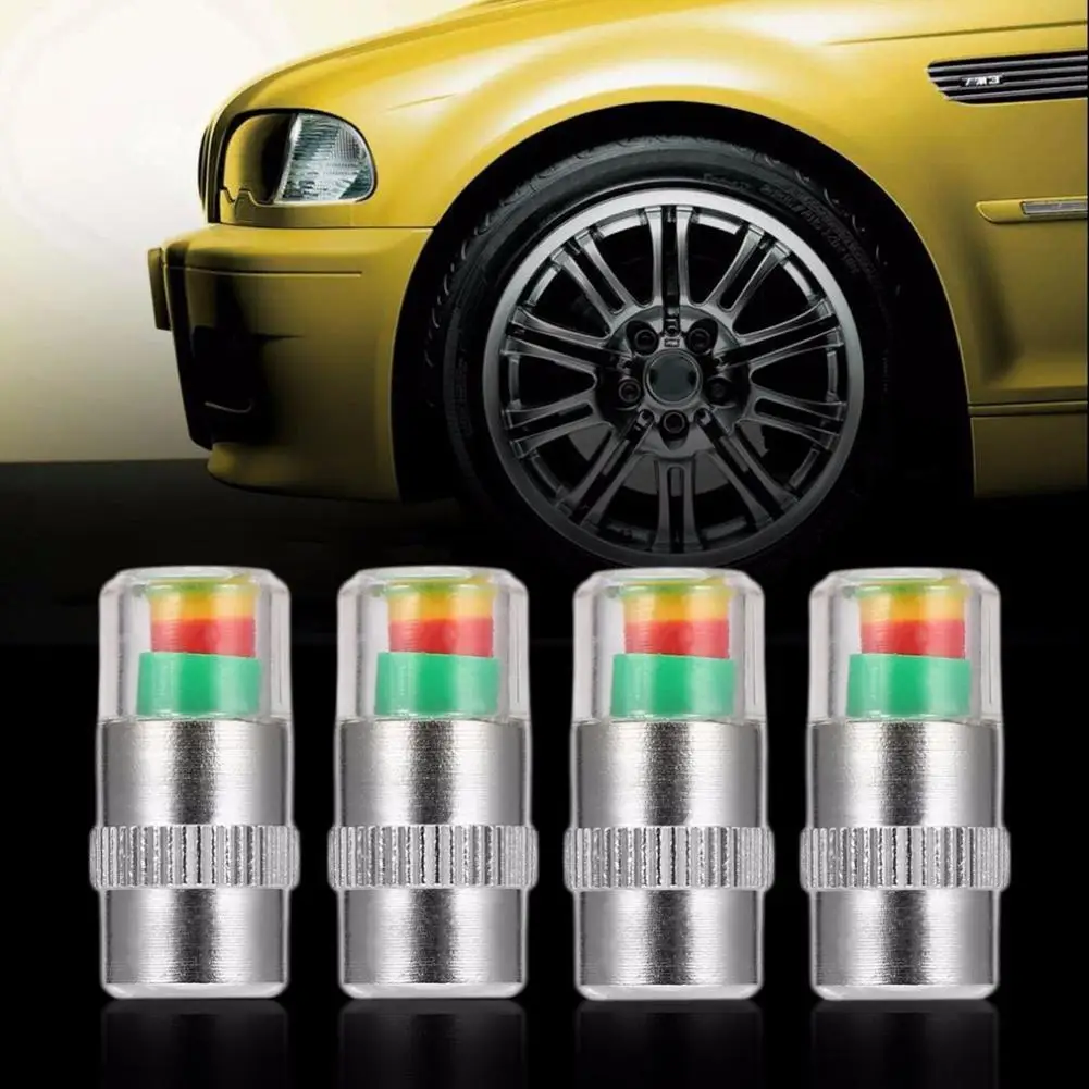 4Pcs 2.4 Bar Car Tire Pressure Guage Cap Sensor Indicator Alert Monitoring Tool Tyre Cap Indicator Alert Air Pressure Gauge