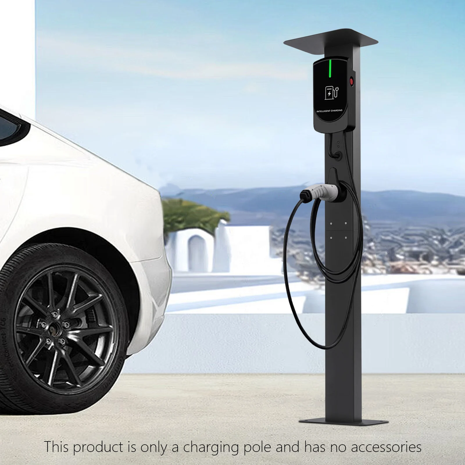 Support de station de recharge pour véhicules électriques en alliage d'aluminium, résistant à la corrosion, avec base stabilisée pré-percée et élargie, trou d'organisation des câbles, protection contre le soleil et la pluie, structure compacte, installation facile en DIY, pour la maison, les parkings et la recharge publique.
