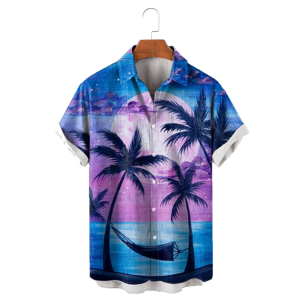 HX Hawaiian Beach Shirts Romantic Moon Night Beach Coconut Grove Printed Shirt 3D Graphic Tops Ropa Hombre Men Clothing