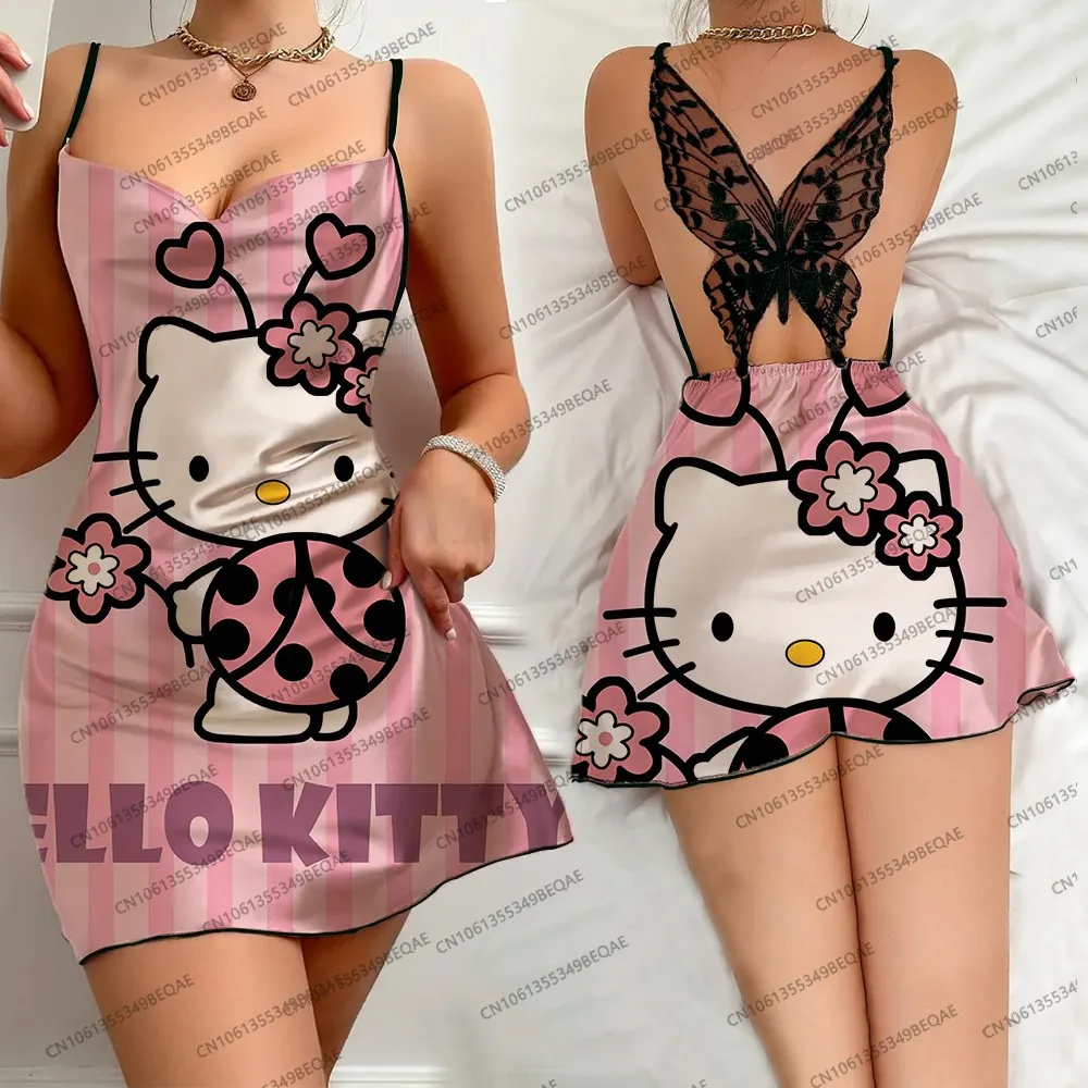 

Сексуальная модная летняя ночная рубашка с принтом «Hello Kitty», кружевная пижама с открытой спиной и бабочкой на подтяжках для женщин, короткое платье с круглым вырезом