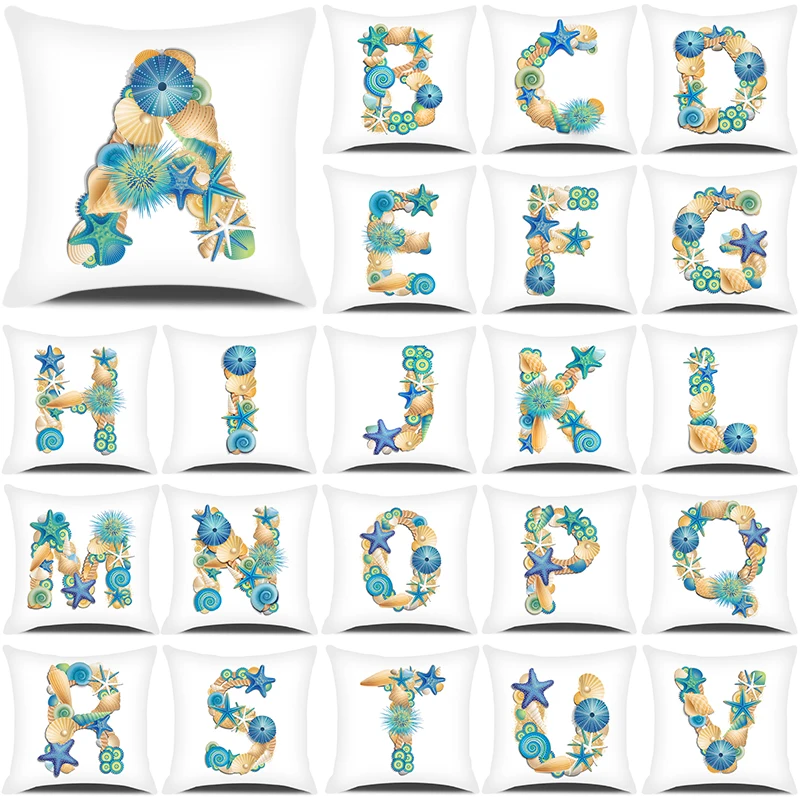 

Shell Conch Letters White Cushion Cover 45x45cm Polyester Pillow Cover Alphabet Pillow Case for Home Sofa Car Decor Pillowcase