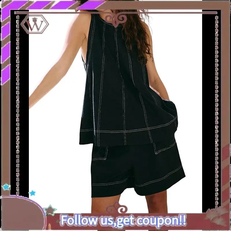 

A95D-Womens Summer 2 Piece Sets Beach Vacation Outfits High Neck Tank Top And Shorts Set