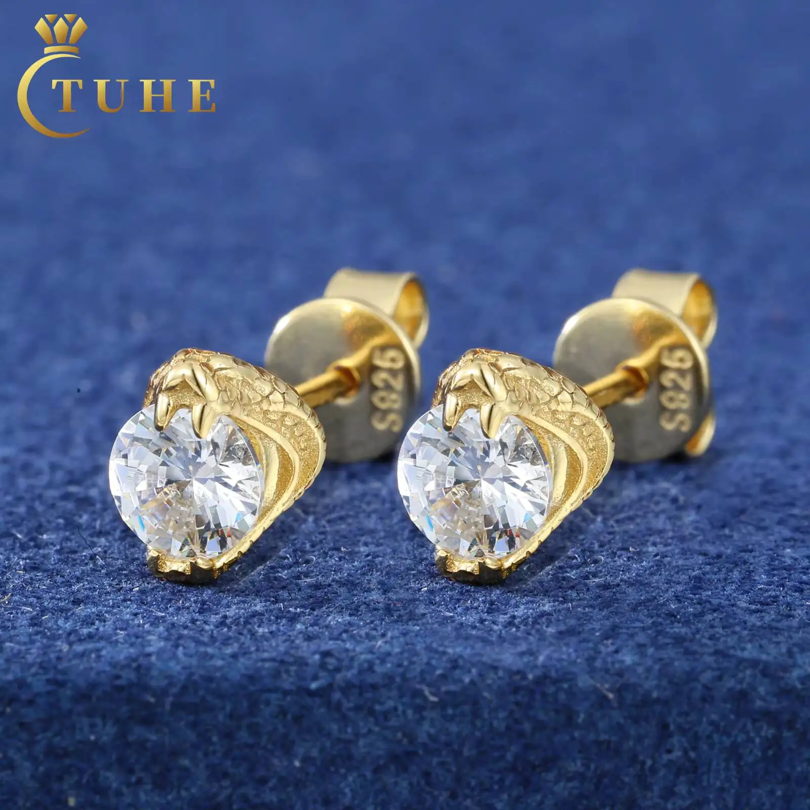 

Fashion Rapper Jewelry Gold Plated 925 Sterling Silver VVS Moissanite Diamond Iced Out Cobra Solitaire Stud Earrings