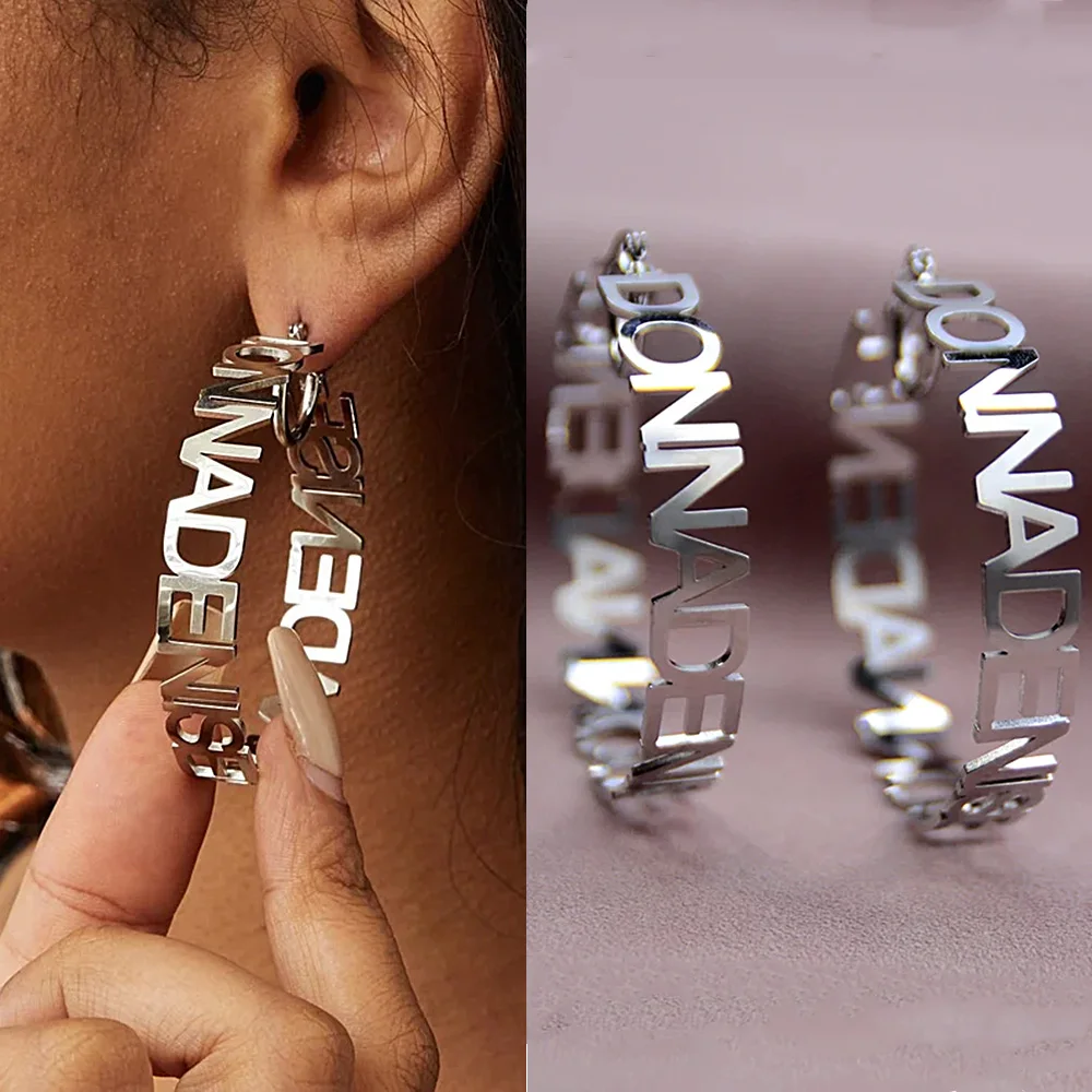 

Fashion New 2023 Name Earrings Personalized Stainless Steel Letters Hoop Women Earrings Customized Name Hoop Earring Jewelry