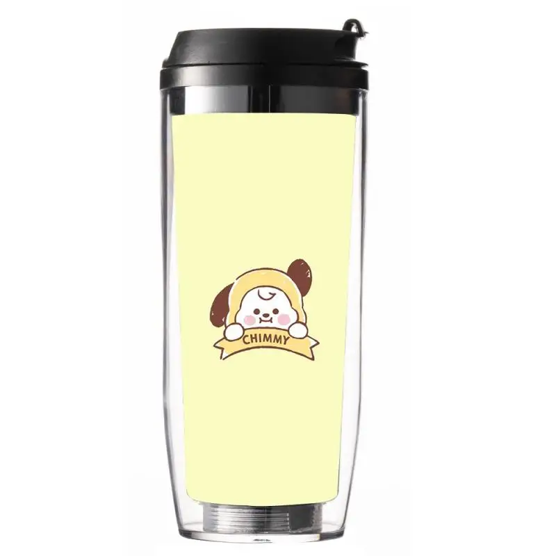 Anime Cartoon Bt21 Cooky Chimmy Tata Double-Layer Straw Cup Y2K Fashion Cute Accompanying Milk Tea Coffee Cup Couple Water Cup