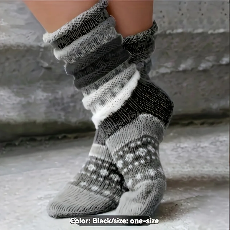 

Cozy Striped Mid-Calf Socks Warm Colorful Knitted Floor Socks with Ribbed Cuffs Non-Slip Home Winter Socks for Women Men