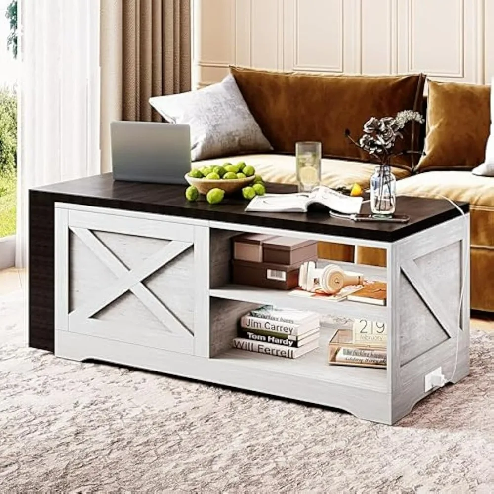 

Living Room Coffee Table with Storage & Charging Station, Rectangular Wood Farmhouse Center Table with Rolling Desktop Café