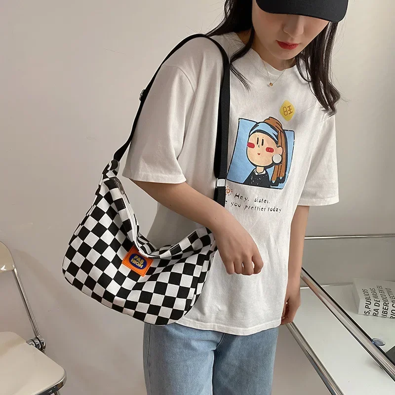 Checkerboard Canvas Bag New Style Small Fresh Large Capacity Simple Handbag Fashion Versatile Women Shoulder Crossbody Bag