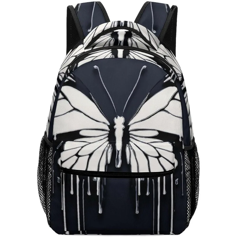 Rucksack 16 Zoll leichte große Büchertasche Schwarz-Weiß-Schmetterlings-Tagesrucksack für Reisen, Büro, Arbeit