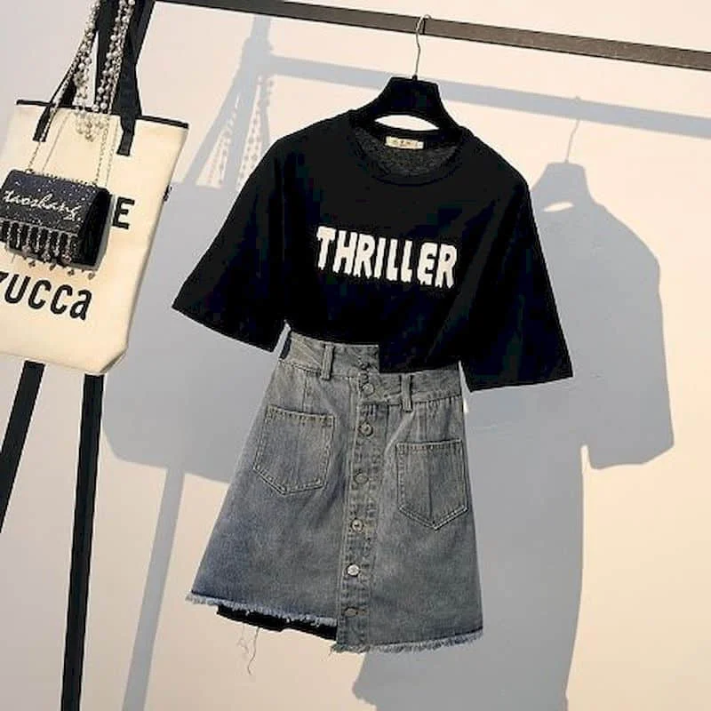 

Dress Sets Two Piece Sets Women Outfits Summer Large Size Korean Fashion Short Sleeve O-neck T-shirt and Denim Skirt for Women