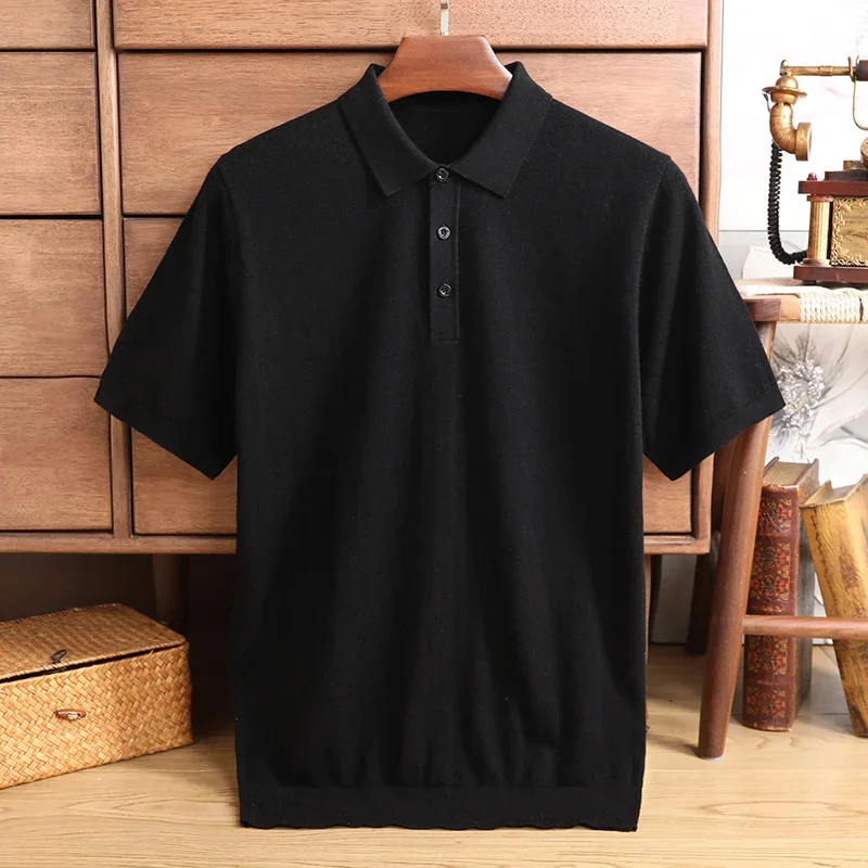 Sweater Polo with Short Sleeves Men's Spring and Summer Pullover Soft Loose Wool T-shirt