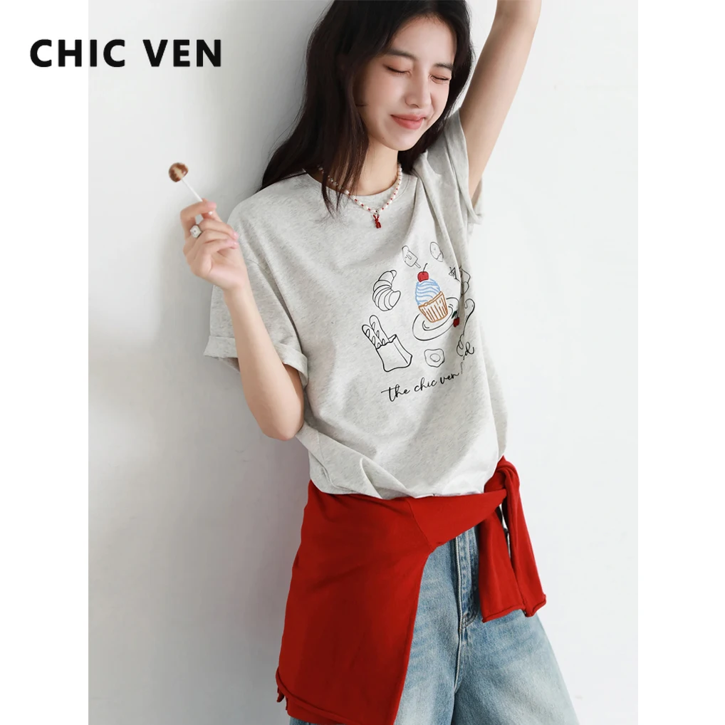 

CHIC VEN Fashion Women T-Shirts O Neck Loose Casual New Cartoon Food Printed Short Sleeve Girl Tees Female Top Summer 2025