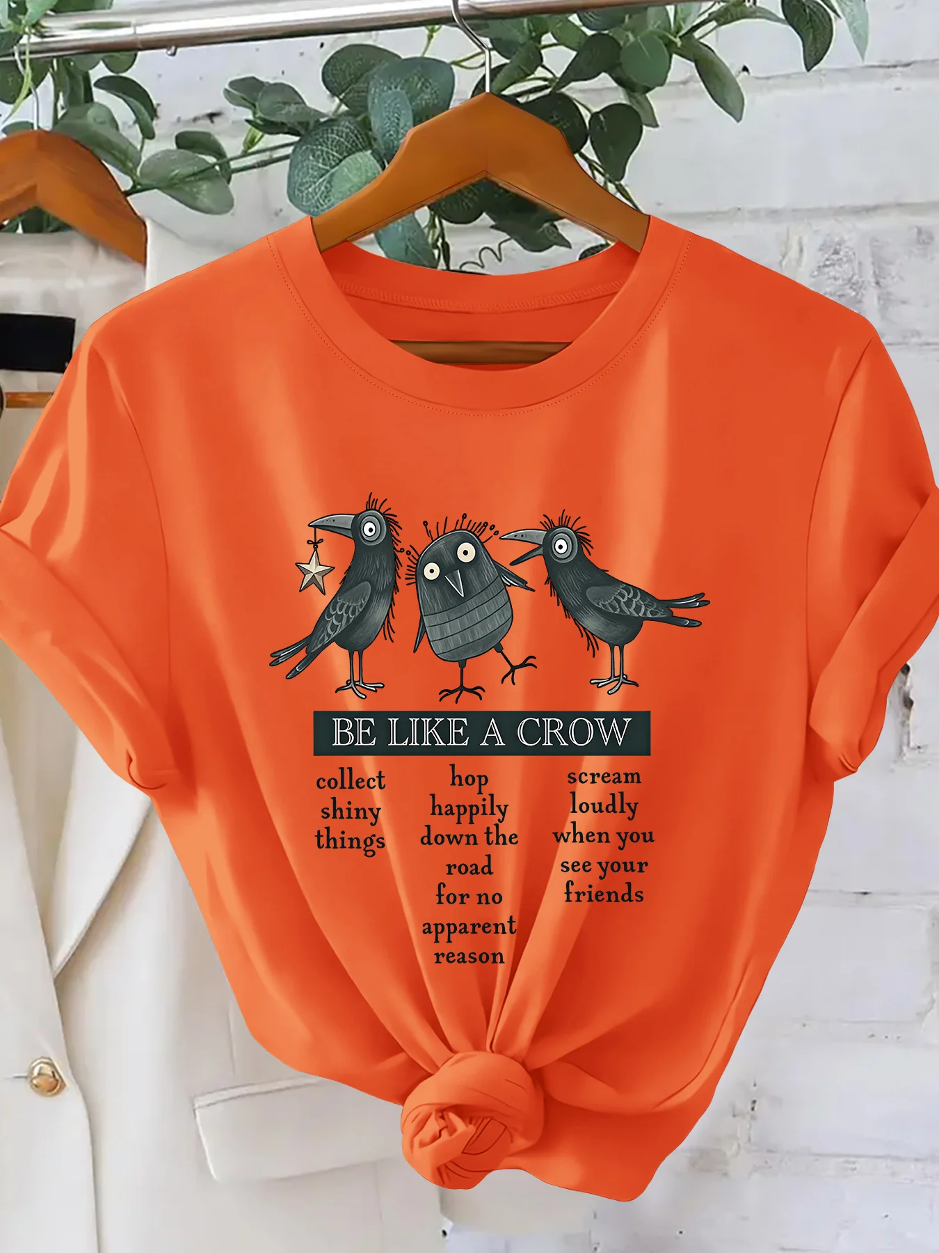Women's Summer Top Three Crows Be Like A Crow Art Hand drawn Fun Printed Women's T-shirt Three Crows Round Neck Short Sleeve