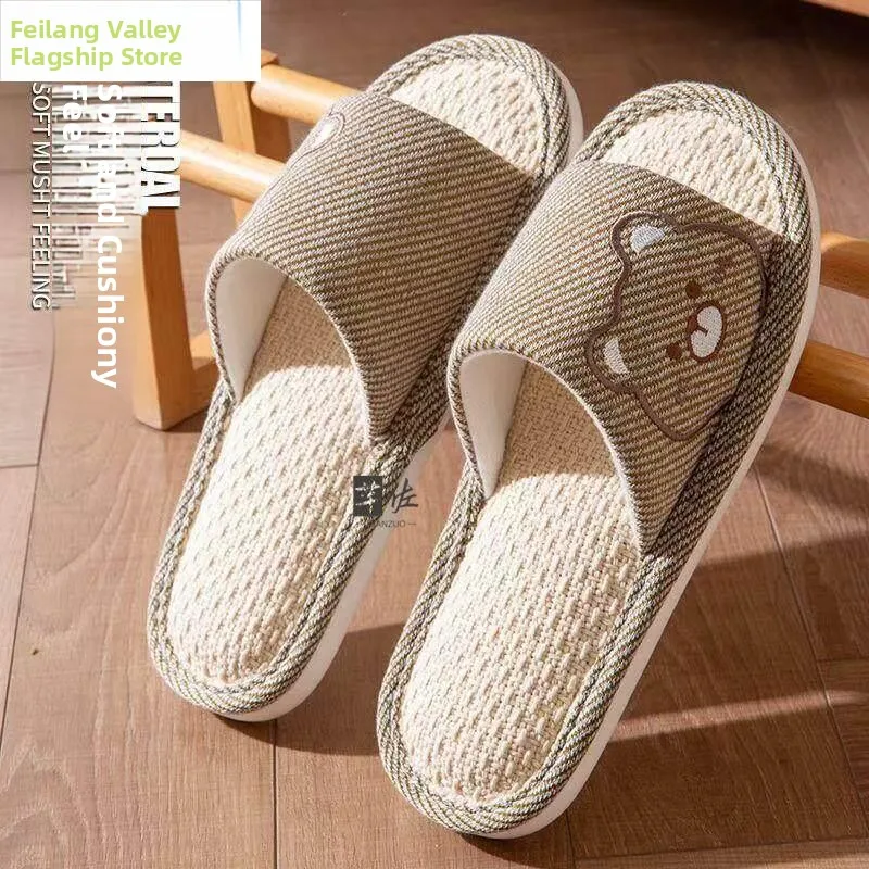 

Linen Slippers Unisex Indoor Home Cartoon Couple Anti-slip Thick Bottom Silent Walking Sensation Slippers Men Outdoor Wear