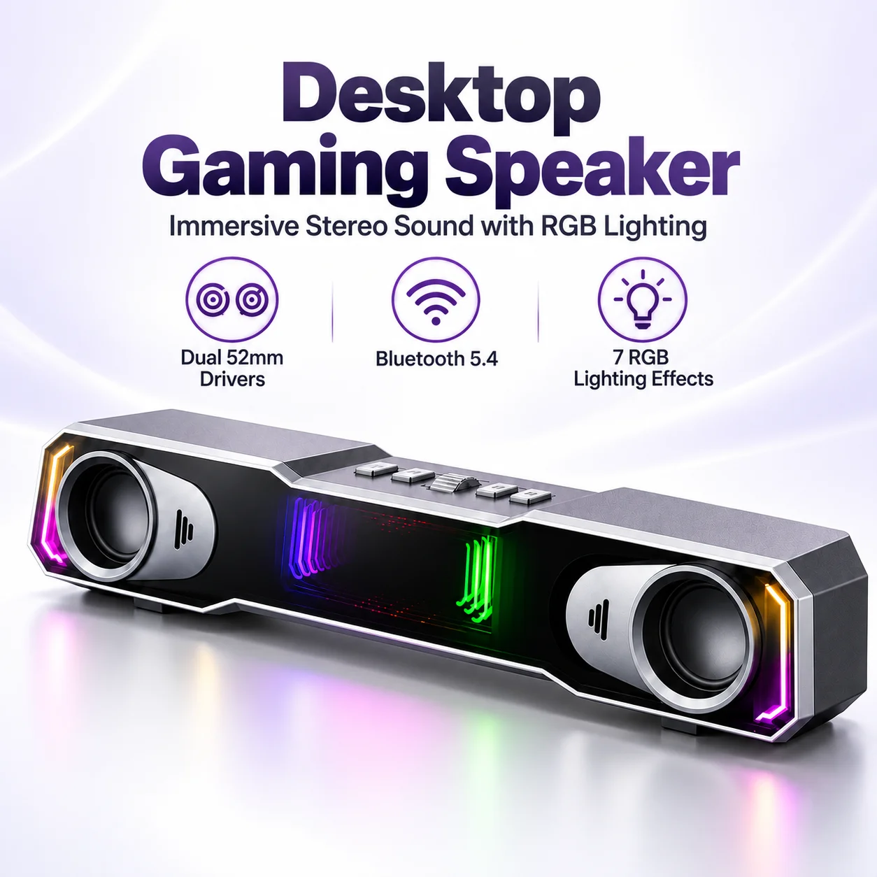 DS21 Desktop Gaming Soundbar RGB Stereo Speaker PC with USB C and USB A Wired Modes Bluetooth 5.4 for Phone Laptop, Computer, TV