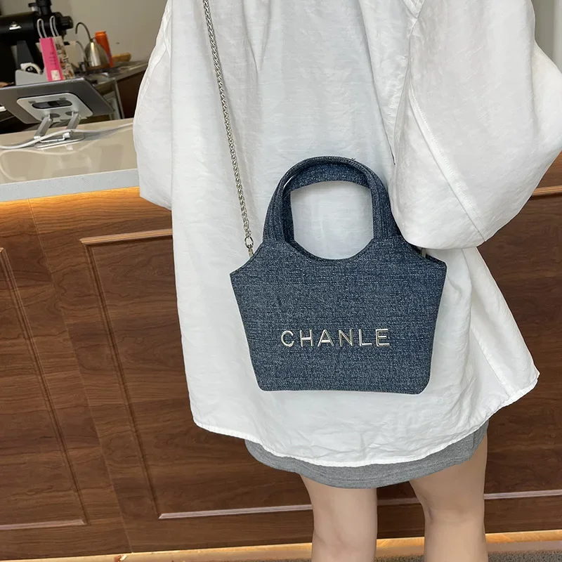

2025 Vegan Denim Bucket Bag Light Wash, Chain Strap Crossbody & Top Handle Purse for Women Work Travel Essentials