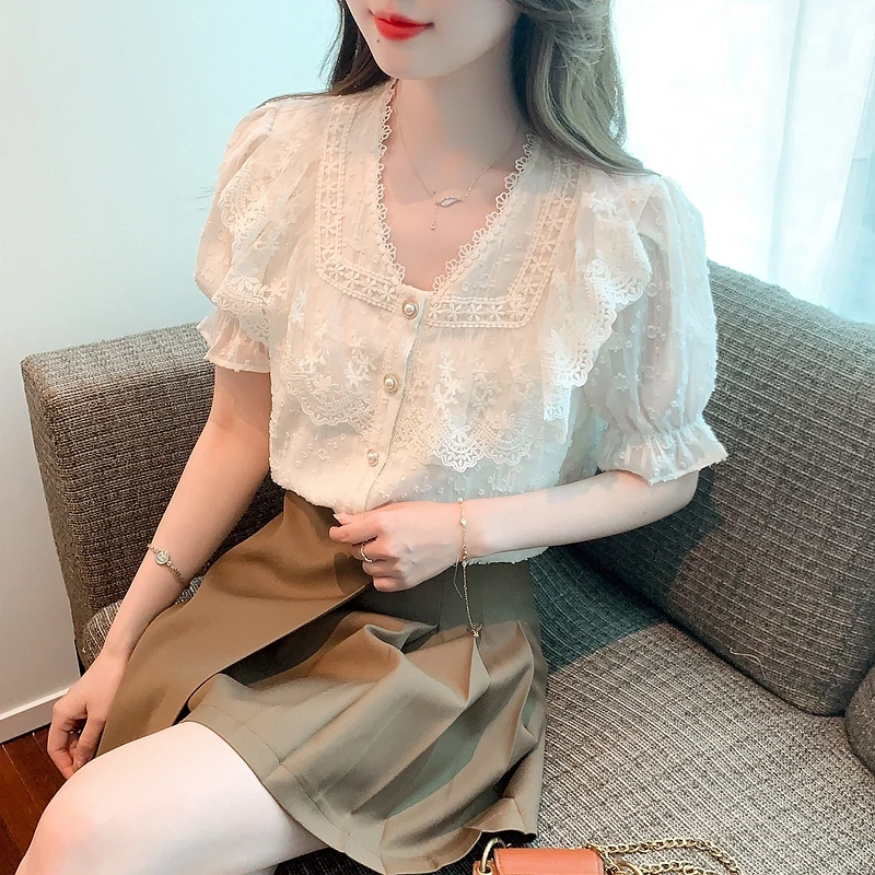 Summer New Short Sleeve Lace V-Neck Blouse Women Blusas Mujer De Moda 2024 Verano Blouse Shirt Women Tops Blouses Shirts G458