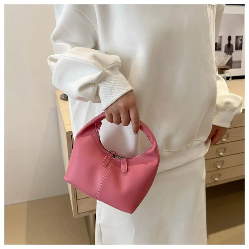 

Simple Pu Pu Leather Handbag Candy Color Small Bag Underarm Bag Purse Fashionable Crescent Bag Make Up Bag