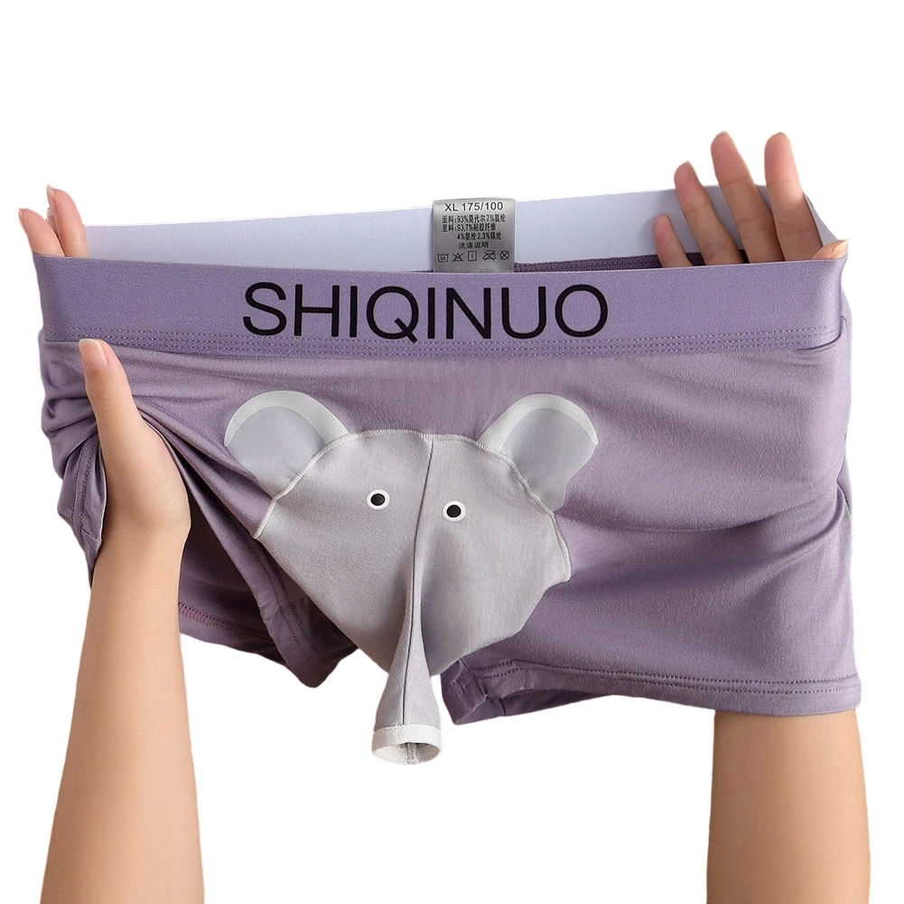 Men Cute Elephant Print Boxer Briefs Elastic Letter Waist 3D Pouch Soft Breathable Daily Sleep Home Casual Comfy Underwear Wear
