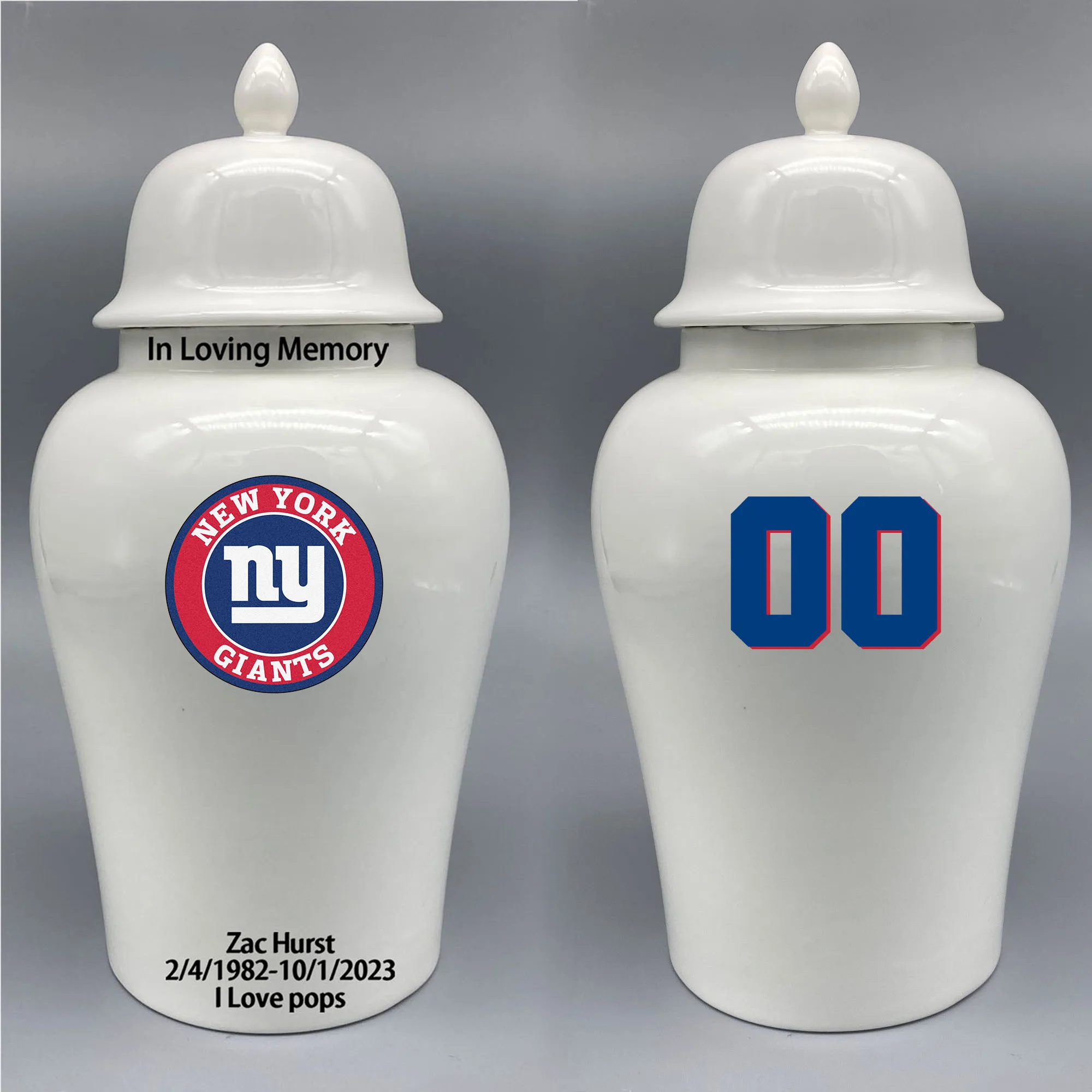 

Large Urn for New York Giants-themed Logo Urn.Please send me the customize information-name/date and number on the urn