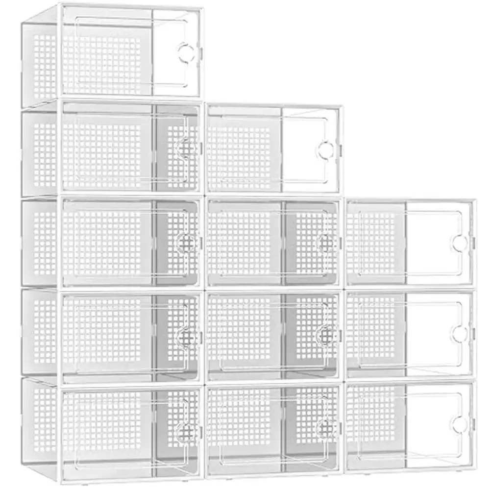 

X-Large Shoe Storage Containers Organizers 12 Pack Men's Size 11 Women's Size 12 Stackable Clear Plastic Ventilated Multi-Layer