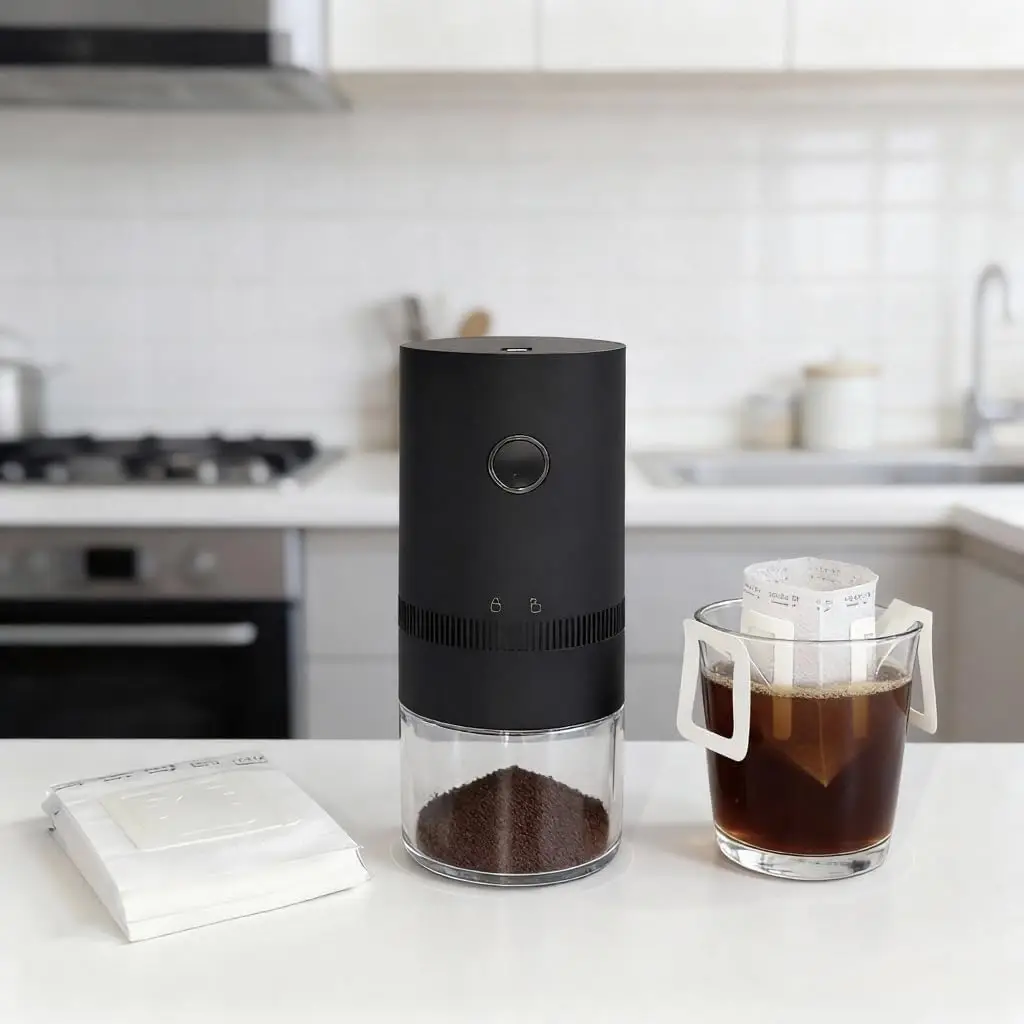 Portable Electric Burr Coffee Grinder, 1500mAh USB Rechar  able with Ceramic Burr & 10 Filters, for Espresso, French Pre