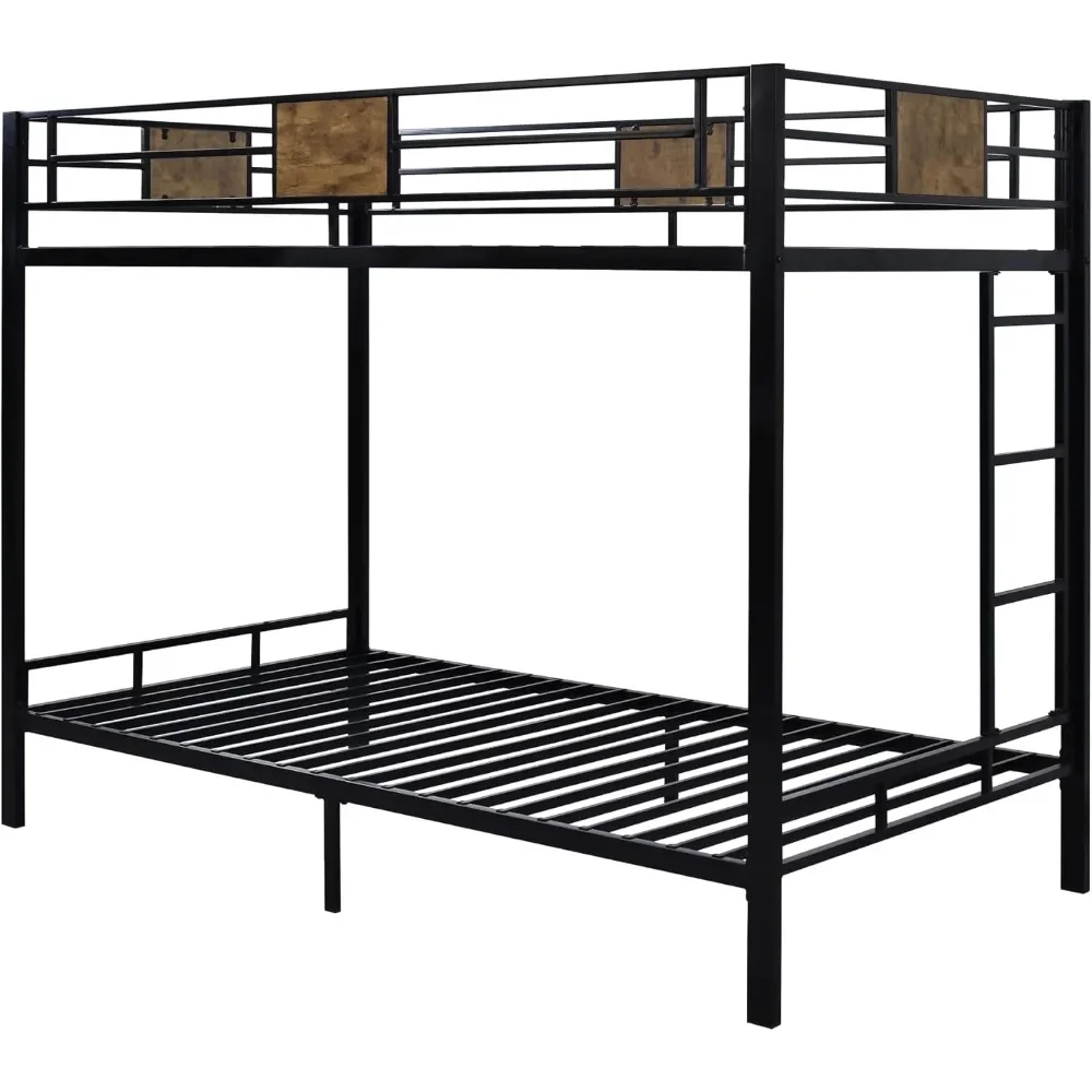 Twin Over Twin Bunk Bed with Rustic Wooden Accents, Sturdy Metal Frame, Space-Saving Design, Noise-Free, Black，bunk Bed Frame