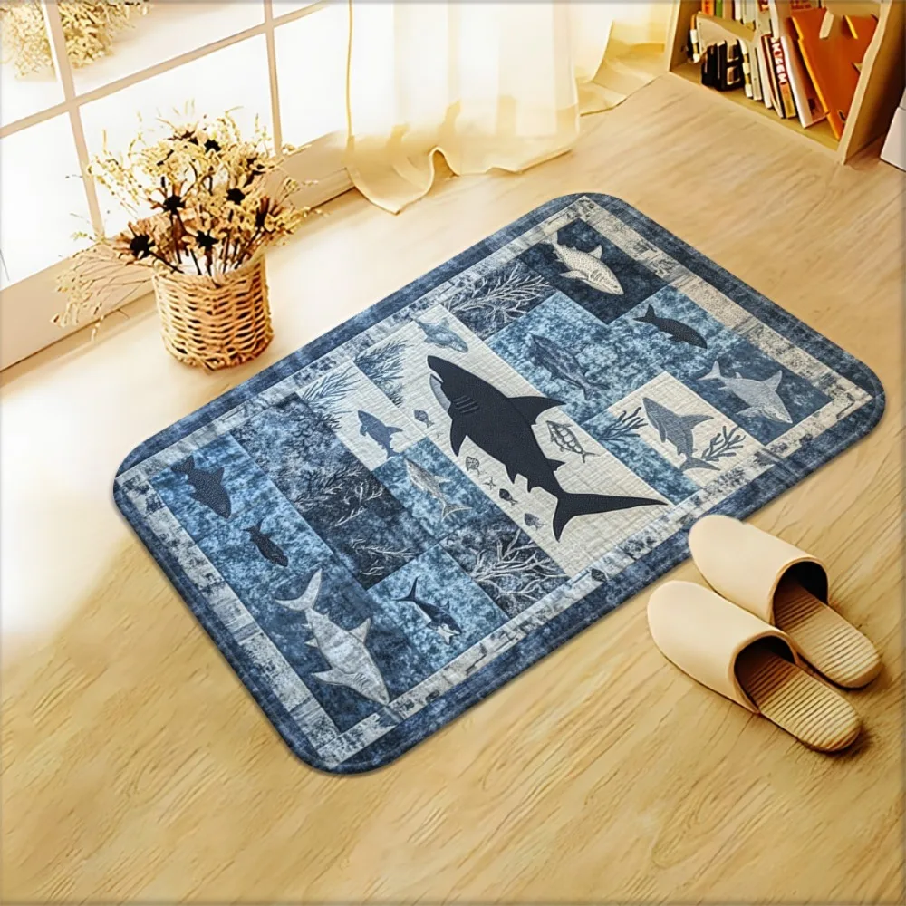 Shark Radial Print Entrance Doormat Non Slip Absorbent Bath Rug Machine Washable Floor Carpet Bedroom Living Room Mat 1PC