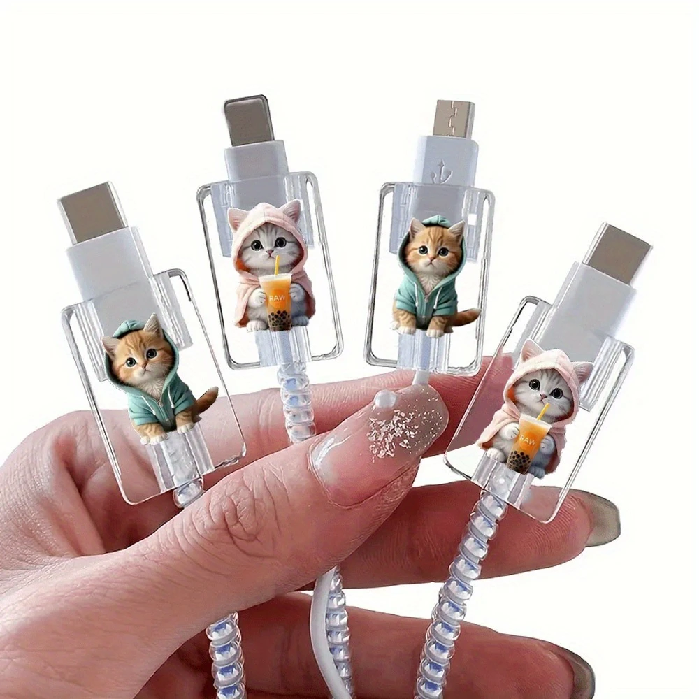 4pcs of Cute Cartoon Cat Data Cable Protectors, Damage-Resistant, Type-C Phone Cable Protectors, Beautiful And Durable