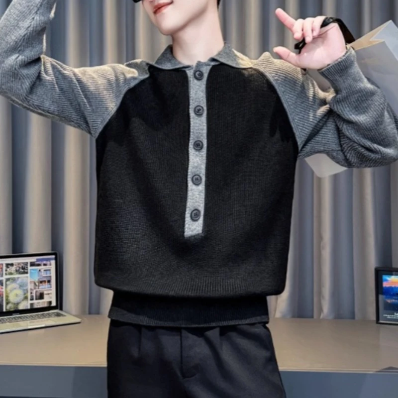 

Autumn Winter Korean Contrasting Knitted Sweater Men Fashion Collar Casual Business Pullover Long Sleeve Warm Knit Sweaters