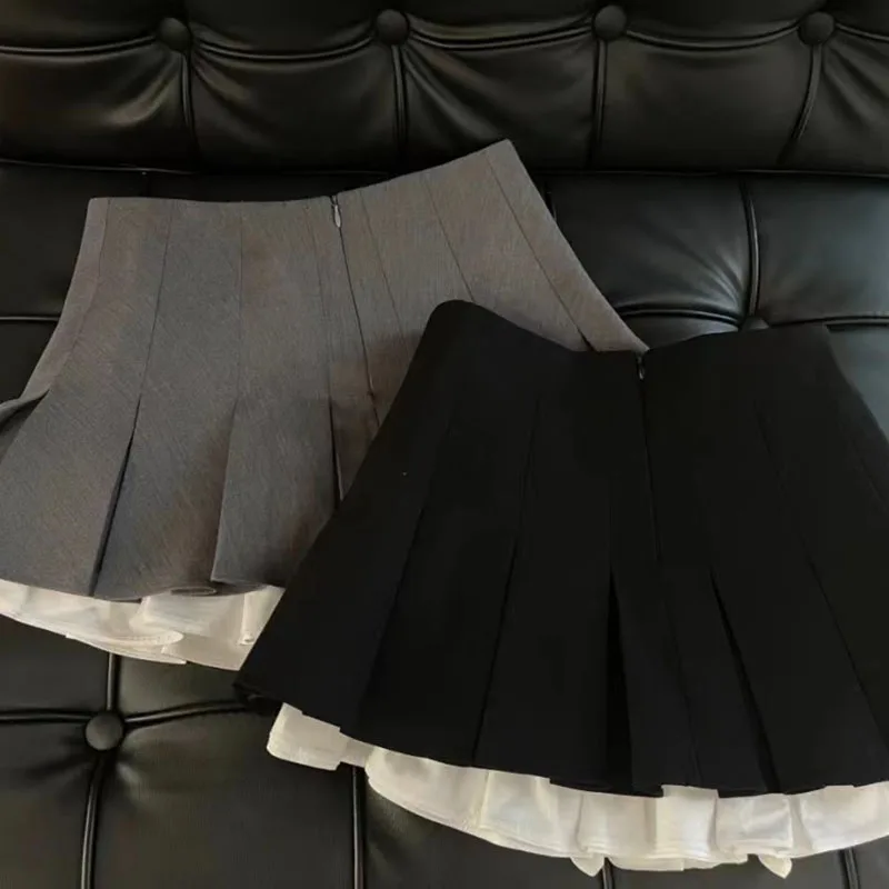 Black Patchwork Pleated Skirts Women Summer Japanese Preppy Ruffles Mini Skirts Y2K High Waist Kawaii All Match A Line Skirts