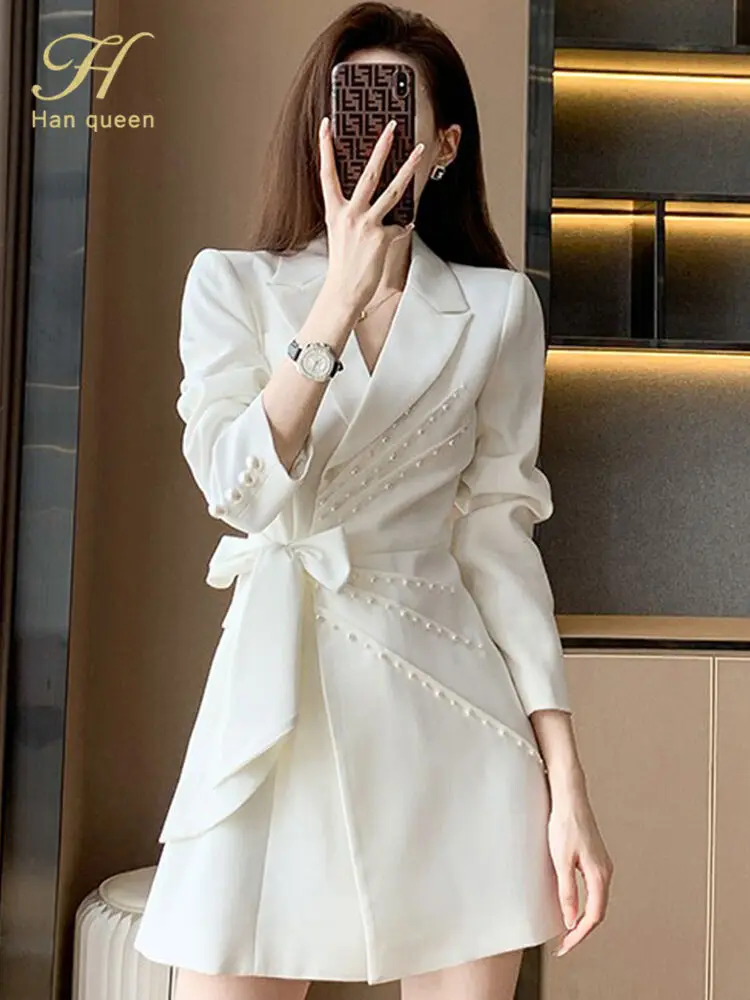 

BabYoung Korean Elegant Fashion Blazer Dress 2024 New Women Autumn Sheath Bodycon Dresses Lace-Up Bead Casual Party Vestidos