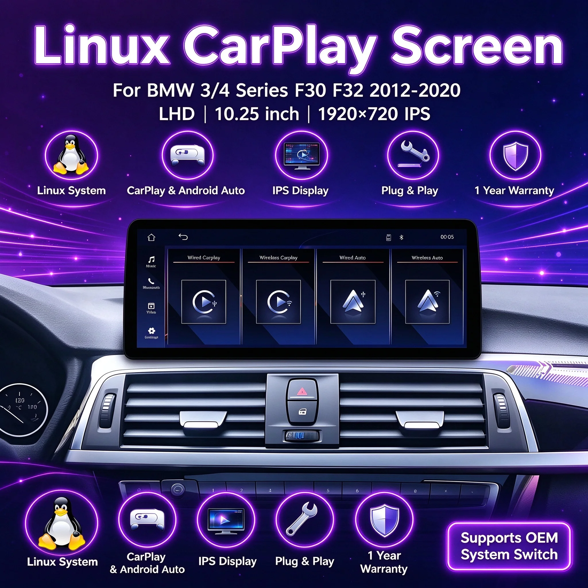 Linux Multimedia Screen for BMW 3 Series 4 Series F30 F31 F32 F33 F34 F36 2012-2020 Left Hand Drive Wireless Carplay Feature