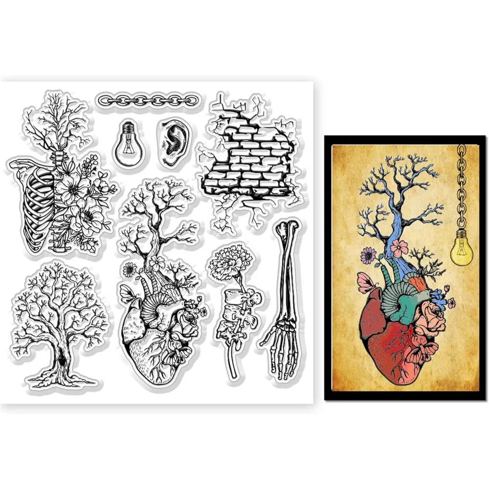 Skeleton and Tree Flower Vintage Transparent Clear Stamps Bones Heart 5.9x5.9inch Embossing Stamp Sheets Silicone Making Kit