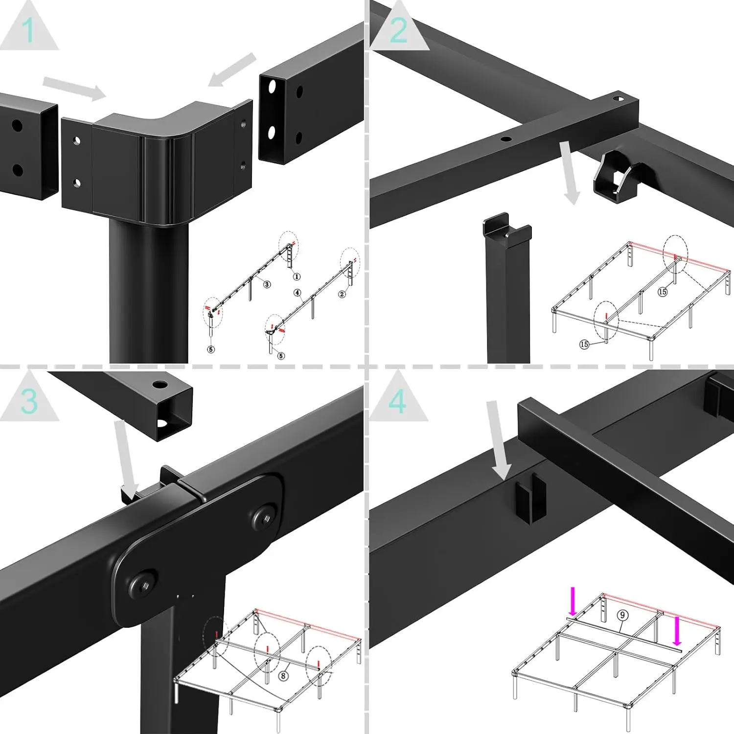 Estrutura de cama de plataforma pesada de metal, sem ruído, mola preta, fácil de montar, caixa grande, 18 Polegada