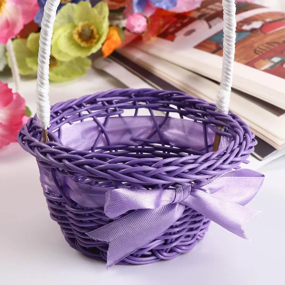 Imitation Rattan Round Small Flower Basket Pink/Purple/Orange/Blue/Yellow with handle Woven Hand-held Flower Basket Decorative