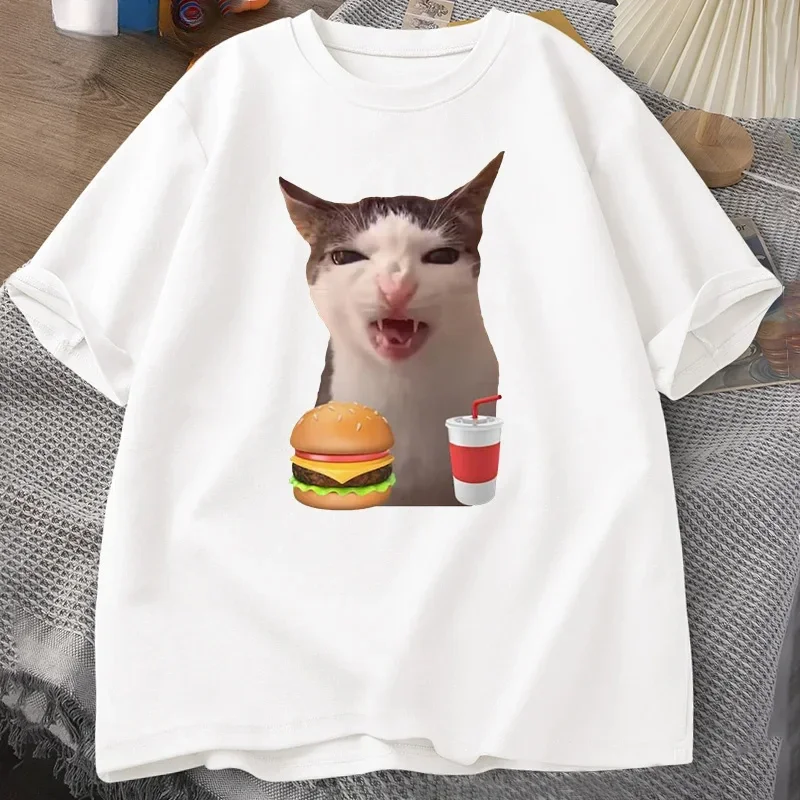 Chat croquant nourriture Meme T-shirt femmes hommes idiot t-shirts drôle chat mangeant T-Shirt à manches courtes t-shirts graphiques Streetwear