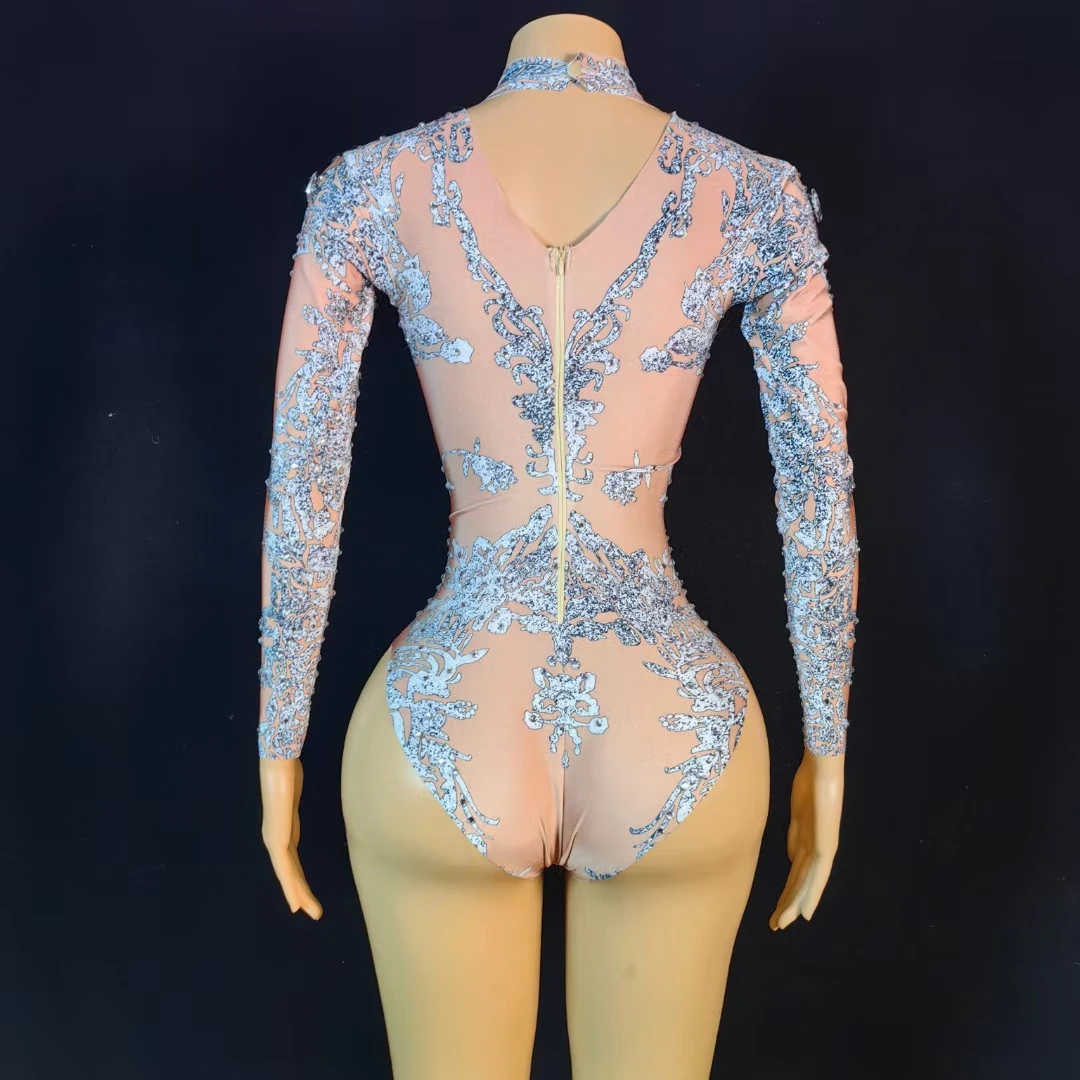 Handmade Purple Diamond Crystal Long Sleeved Jumpsuit Dance Performance Costumes Stage Wear Lady Club Birthday Party Bodysuits