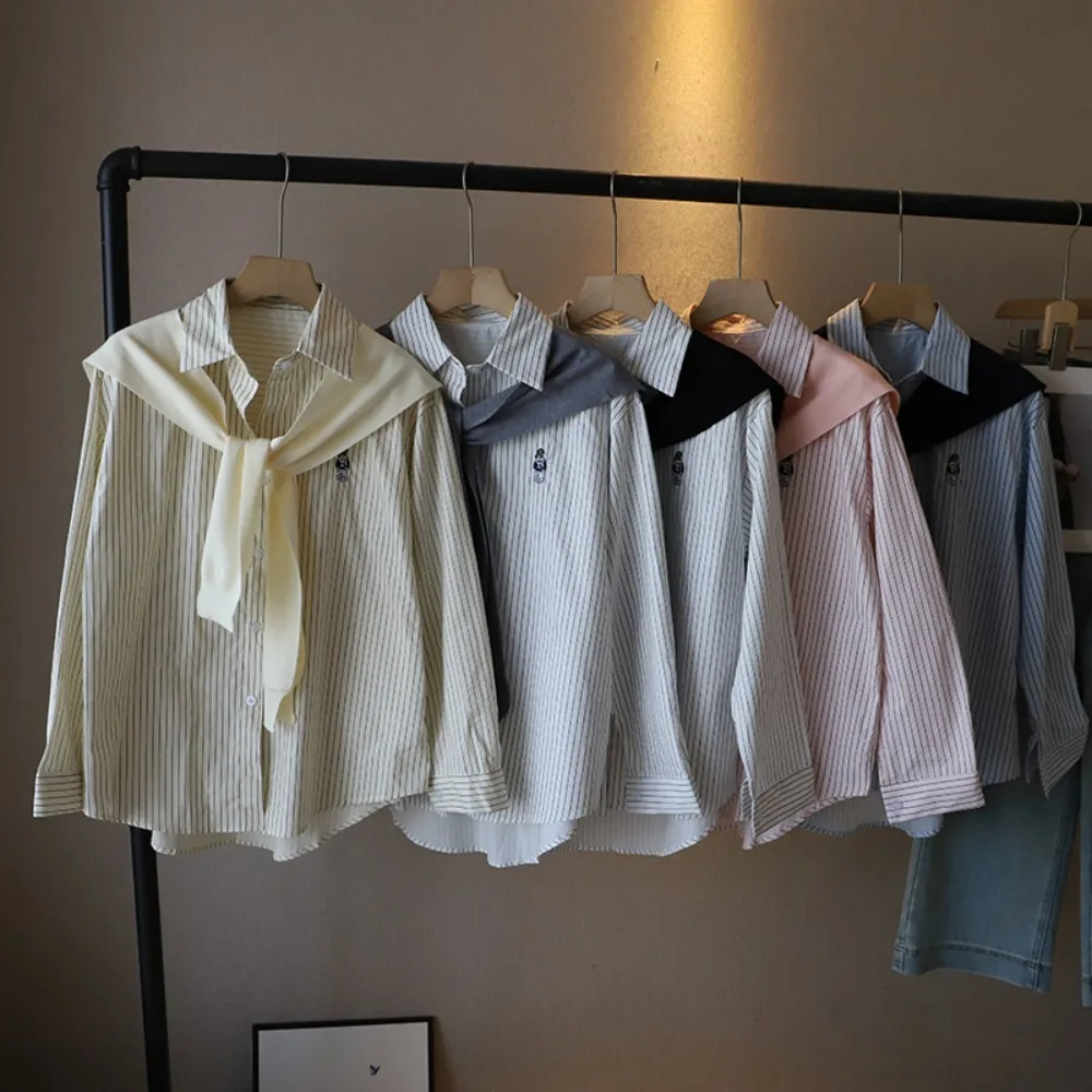 

Y2K Striped Shirts Women Embroidery Bear Preppy Style Long Sleeve Blouse Button Up Outfits Two Pieces Shirts Set Streetwear