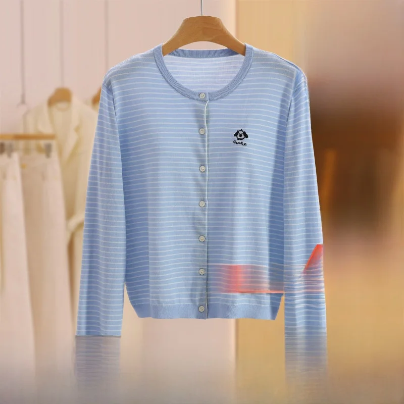 

Универсальный женский зимний кардиган с мультяшным принтом собаки и полосками, из смесовой ткани (полиэстер, шерсть, нейлон), с длинными рукавами, круглым вырезом и застежкой на пуговицах