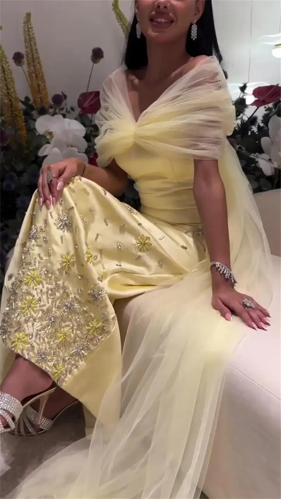 

Customized Exquisite Yellow Off The Shoulder Prom Dresses Beadings Straight Ankle Length Evening Party Dresses For Special Occas