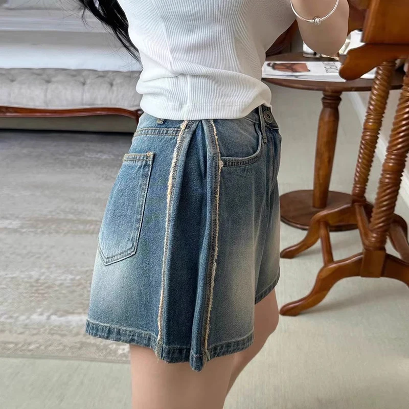 

Summer Chic High Waist Side Pleated Distred Denim orts Women's Faion Wide Leg Pants High Waist ort orts