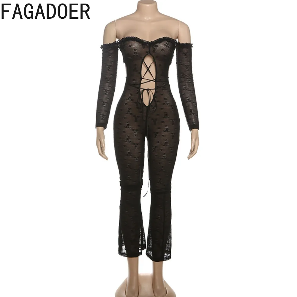 FAGADOER Sexy Hollow Out Bodycon Jumpsuits Women Off Showlder See Through Long Sleeve Rompers Female Streetwear Overalls New