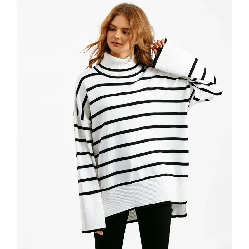 Autumn Winter Women\'s Sweater Pullover Basic Long Sleeve Turtleneck Jumper Striped Knitwear Vintage Knitted Sweaters for Women