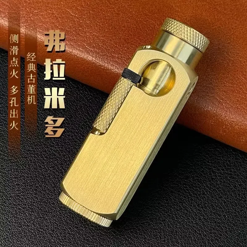 Handmade Brass Flamido Kerosene Lighter, Windproof Retro Vintage Personalized Stretch Side Skid Grinding Wheel