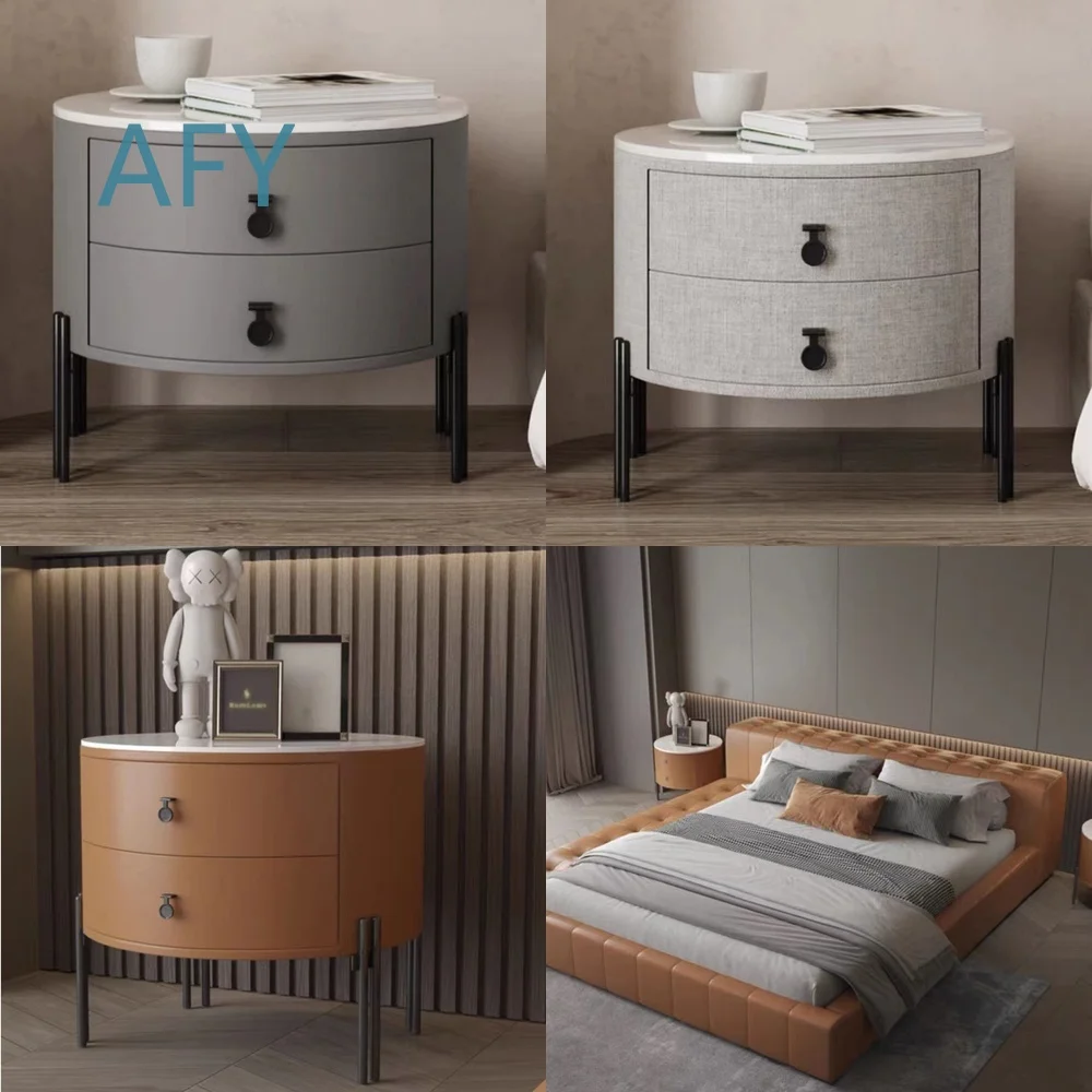 Modern Minimalist Solid Wood Nightstand Round Luxury Bedroom Laminate Side Table for Bed Living Room Hotel Storage Cabinet