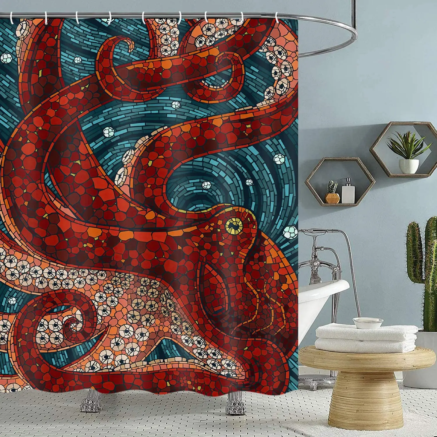 Octopus Shower Curtain for Bathroom Cool Ocean Nautical Red Kraken Fabric Shower Curtains Set Trippy Funny Restroom Decor