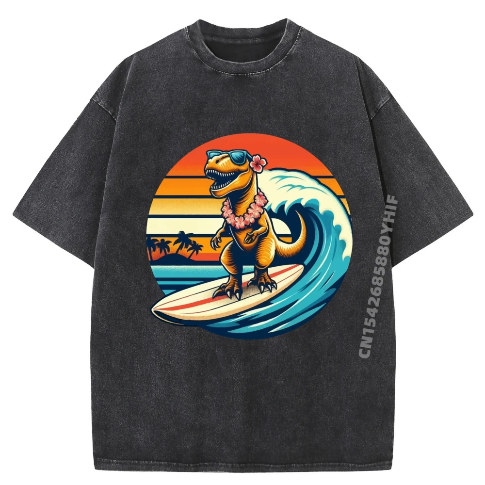 

Funny Dinosaur Surfboard Beach Summer Surfing Trex Hawaiian Clothing T-Shirts Aesthetic Vintage Washed Shirt