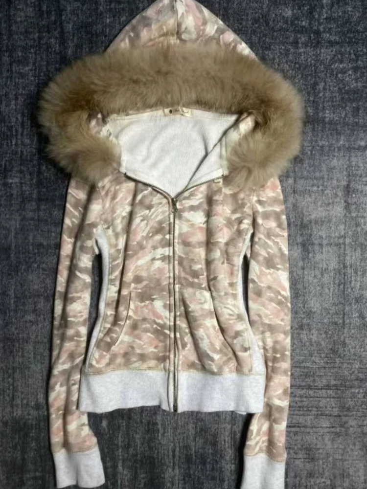 

American Gothic Y2k Fur Collar Hooded Jacket Women High Street Vintage Zipper Camouflage Coat New Retro Fashion Punk Slim Outfit